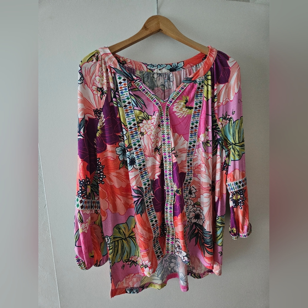 Cupio Peasant Sleeve Boho Blouse Orange Floral Print Women's Size L